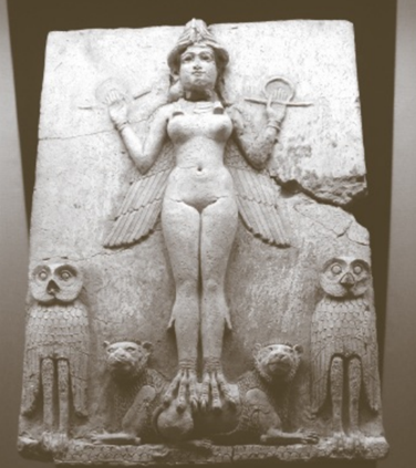 Sumerian bas relief labeled The Whore of Babylon — winged goddess with owls and lions