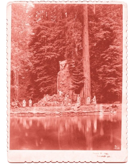 Bohemian Grove owl statue with robed figures, circa 1930s