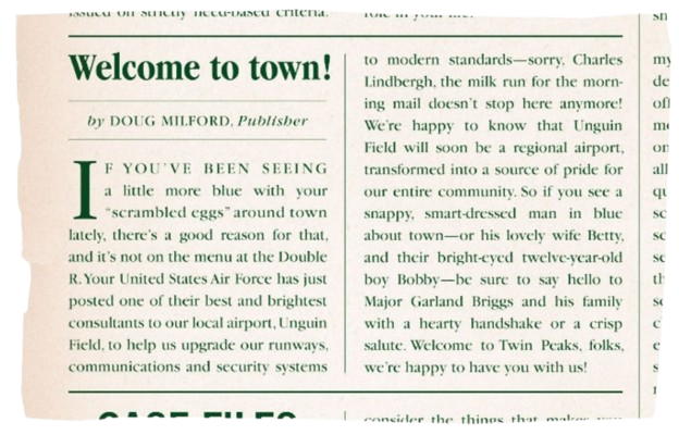 Twin Peaks Post editorial Welcome to town by Doug Milford welcoming Major Garland Briggs and family