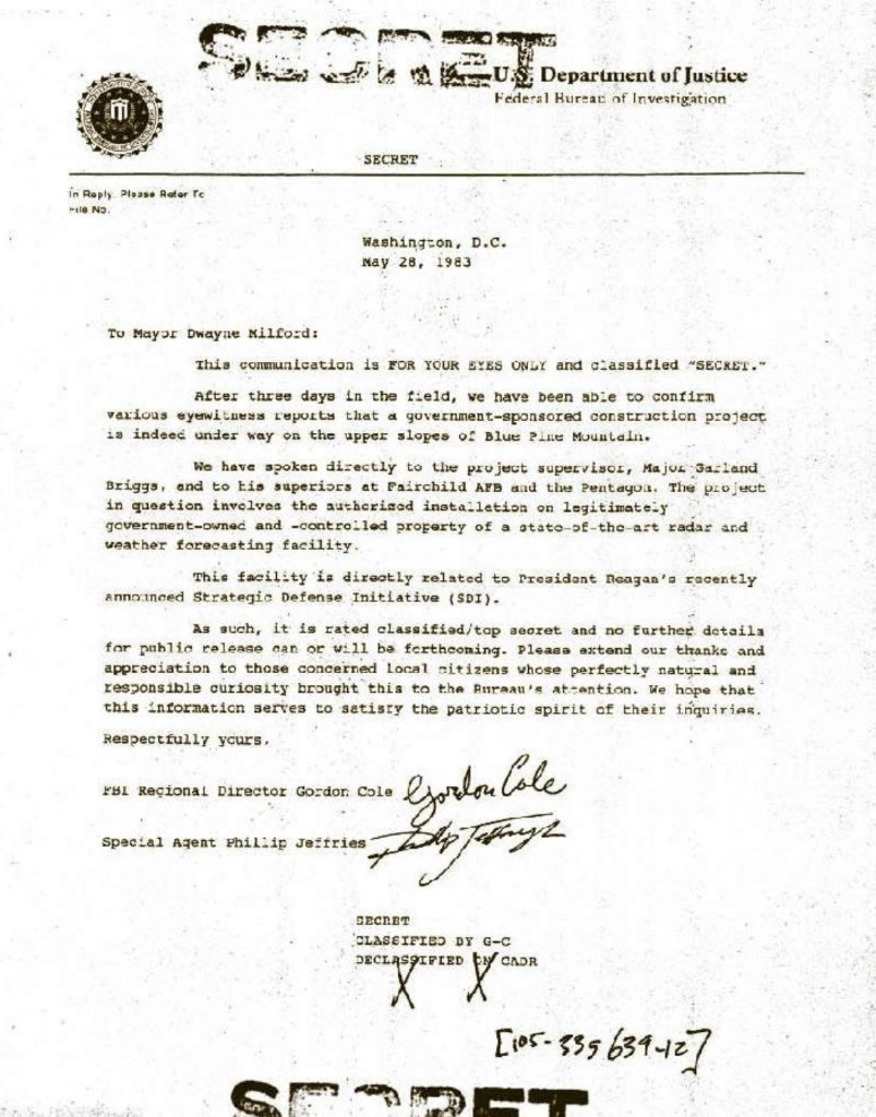 FBI SECRET letter May 28 1983 to Mayor Dwayne Milford from Gordon Cole and Phillip Jeffries on Blue Pine Mountain SDI cover