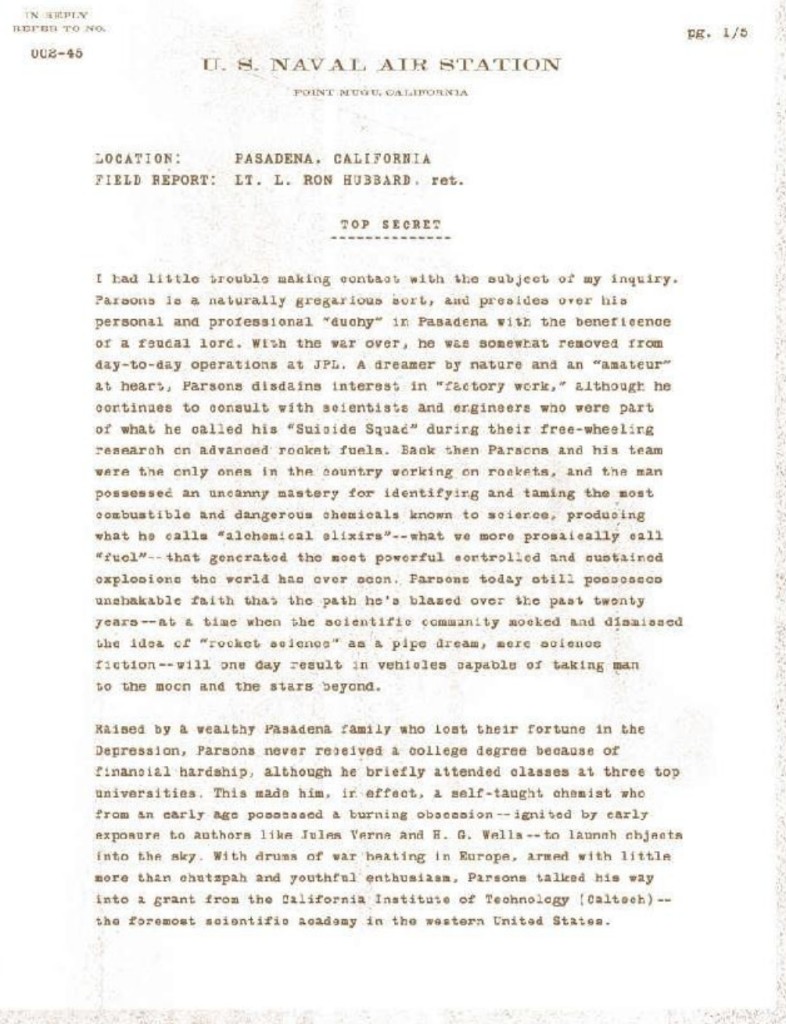 Hubbard field report page 1 of 5 on Jack Parsons