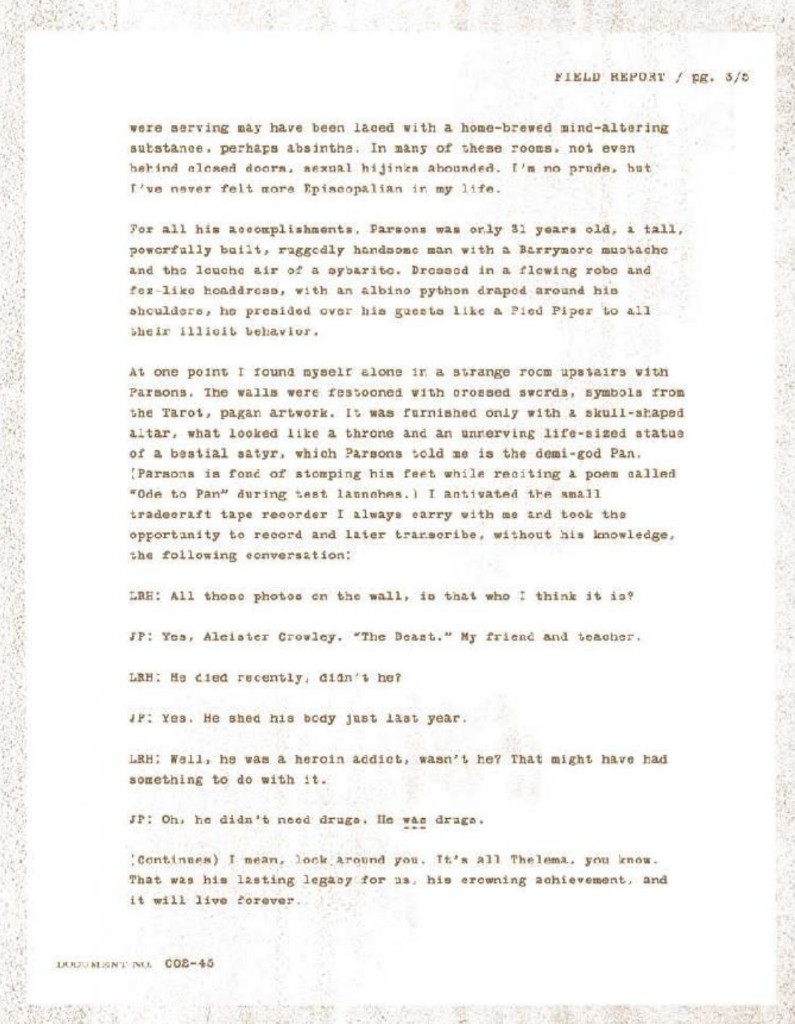 Hubbard field report page 3 of 5 — Parsonage party and Crowley tape