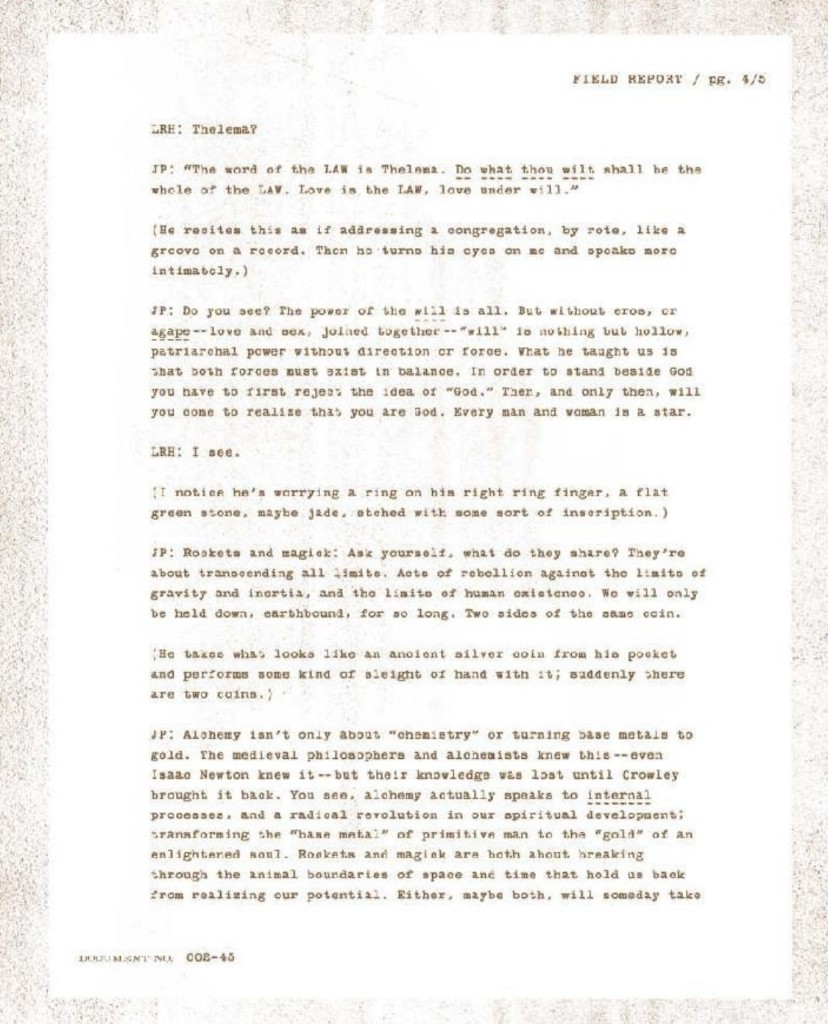 Hubbard field report page 4 of 5 — Thelema law, rockets and magick