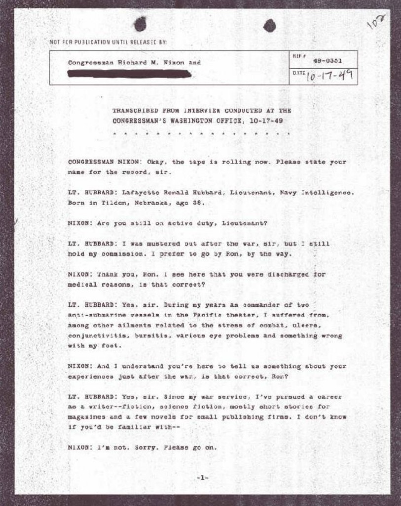Transcript page 1 — Nixon interview with Lt Hubbard, 17 October 1949