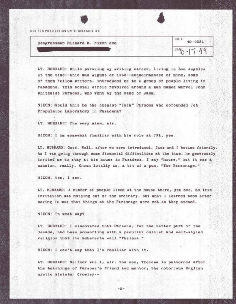 Transcript page — Hubbard on Parsons, the Parsonage, and Thelema