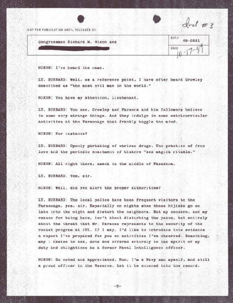 Transcript page — Hubbard on Crowley rituals and JPL security threat