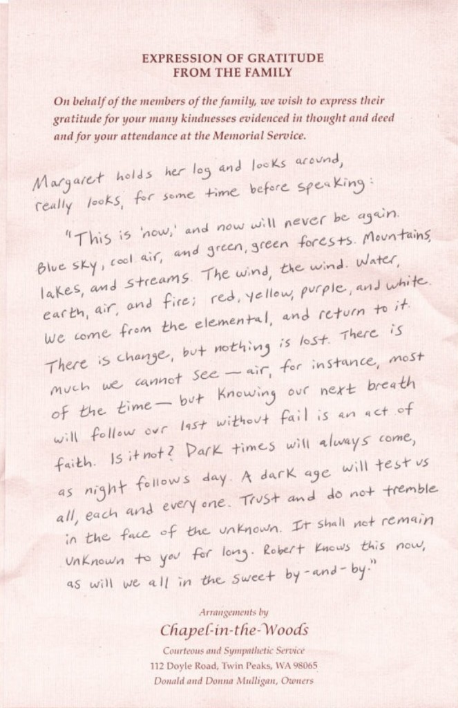 Handwritten Margaret Lanterman words at Robert Jacoby funeral on Chapel gratitude page