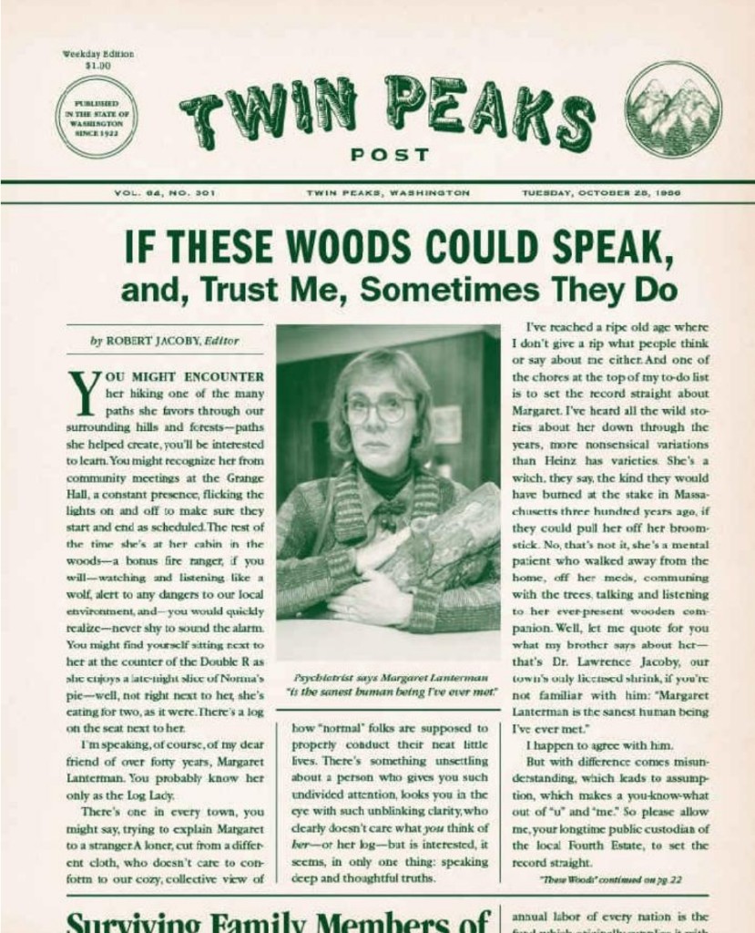 Twin Peaks Post front Oct 28 1986 — If These Woods Could Speak, Margaret with log