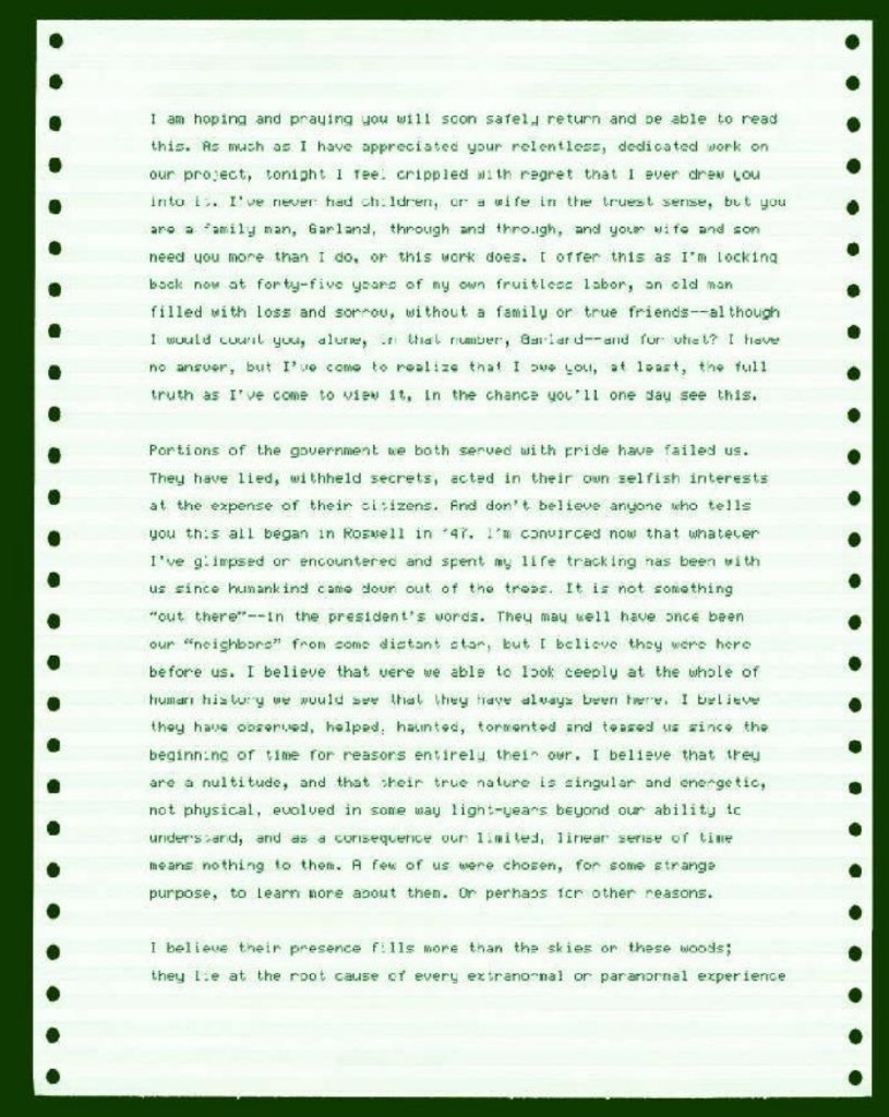 Milford letter to Garland page 1 — tractor-feed green print, regret and presence before Roswell