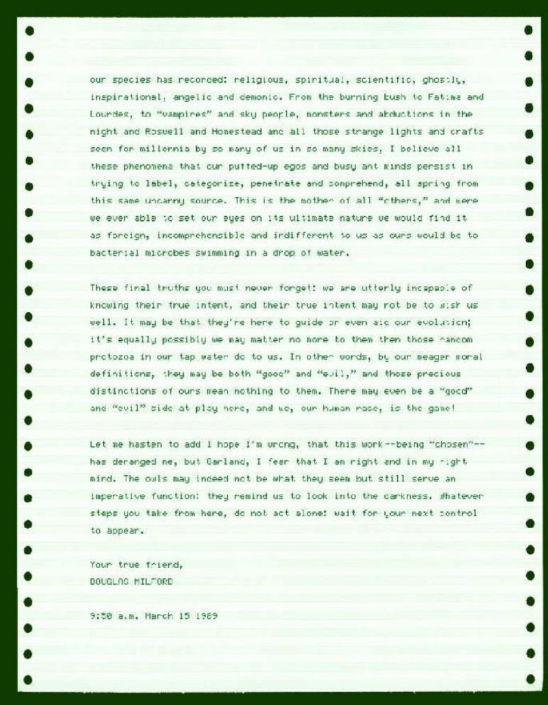 Milford letter to Garland page 2 — owls, darkness, next control; signed Douglas Milford