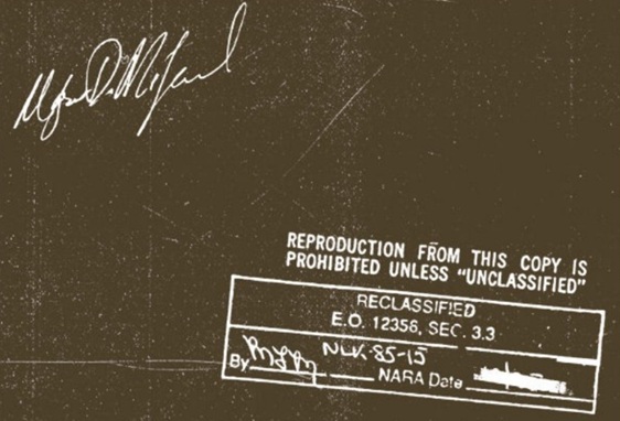 Major D. Milford signature block with reproduction prohibited and NARA reclassification stamps