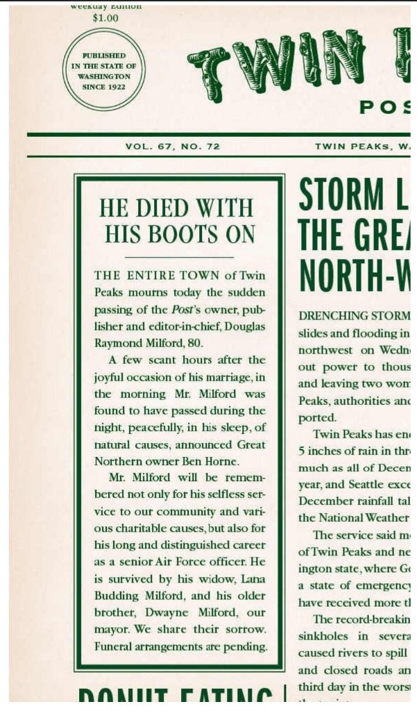 Twin Peaks Post front — He Died With His Boots On, Douglas Raymond Milford obituary