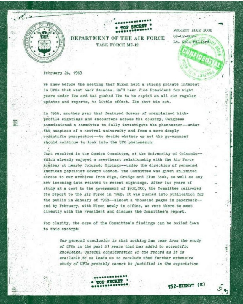 Department of the Air Force Blue Book memo cover, 24 February 1969, Lt Col Milford