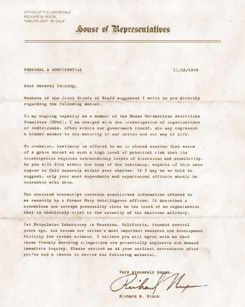 House of Representatives letter from Richard M. Nixon to General Twining, PERSONAL AND CONFIDENTIAL, 11 November 1949