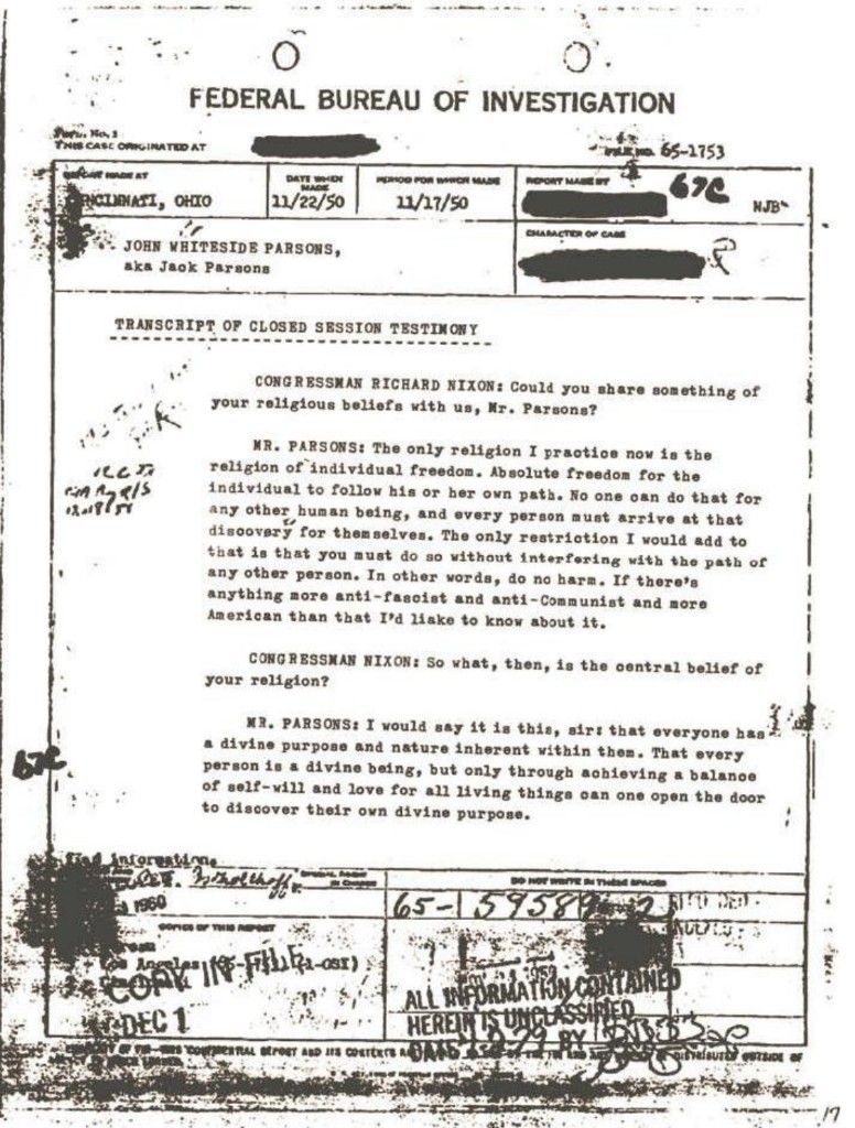 FBI report Cincinnati 22 November 1950 on John Whiteside Parsons with Nixon HUAC religious testimony