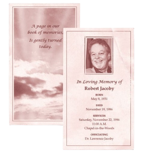 In Loving Memory funeral card for Robert Jacoby, May 8 1931 – November 19 1986