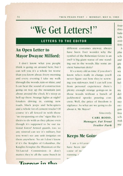 Twin Peaks Post letters page May 9 1983 — Carl Rodd open letter to Mayor Dwayne Milford about mountain construction