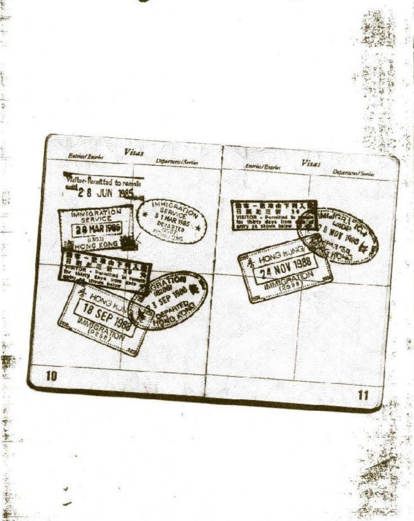 Hong Kong visa stamps in Walbrook passport — 1985 and 1988 trips