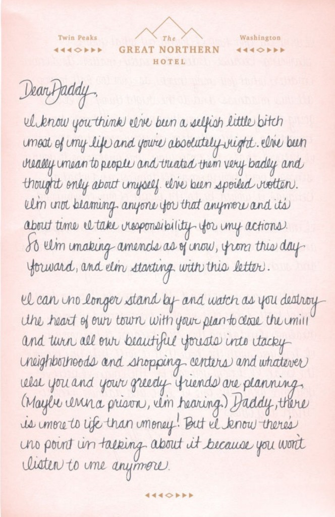 Audrey Horne letter page 1 on Great Northern Hotel stationery — Dear Daddy