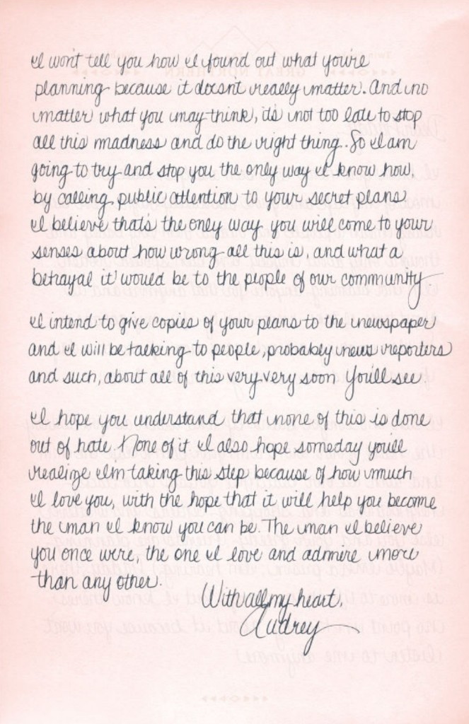 Audrey Horne letter page 2 — threat to expose Ghostwood plans, signed With all my heart Audrey