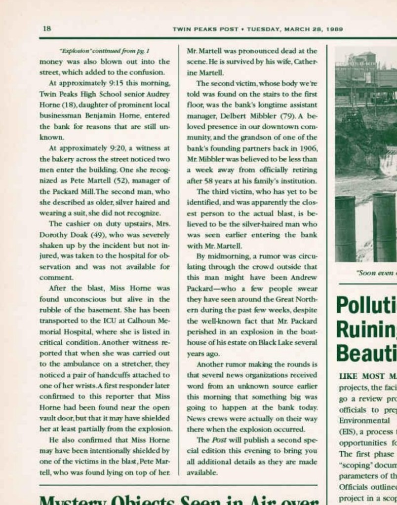 Twin Peaks Post page 18 — Explosion continued, March 28 1989 timeline and casualties