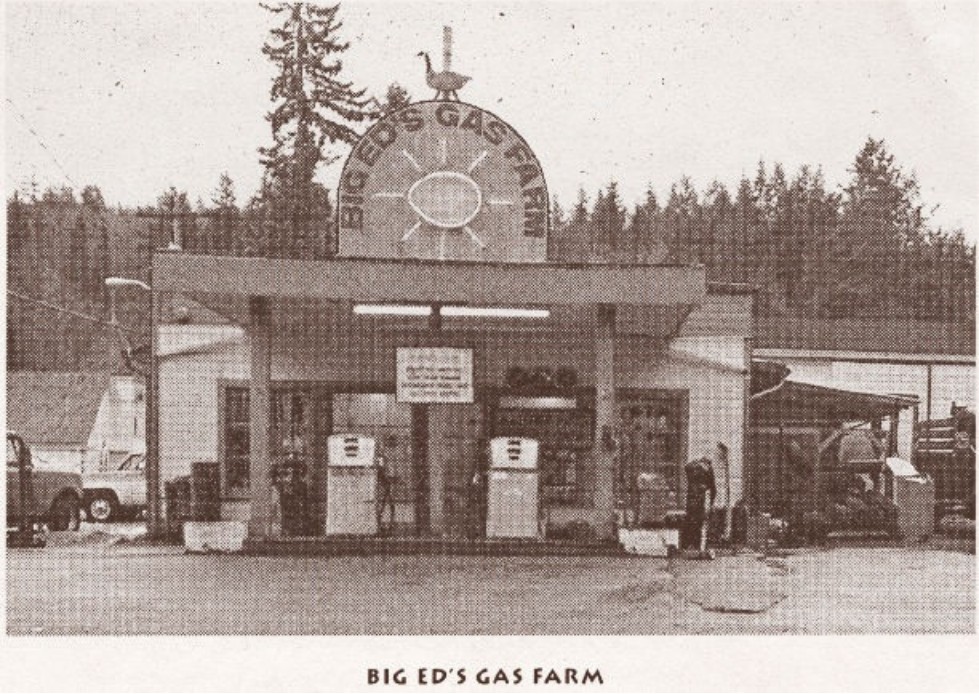 Big Ed's Gas Farm station with goose-and-egg sign