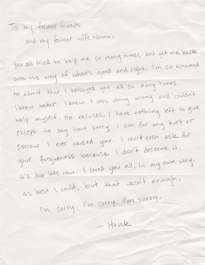 Hank Jennings handwritten apology letter to former friends and Norma