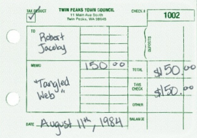 Twin Peaks Town Council check stub #1002 to Robert Jacoby, memo Tangled Web, $150, August 11 1984