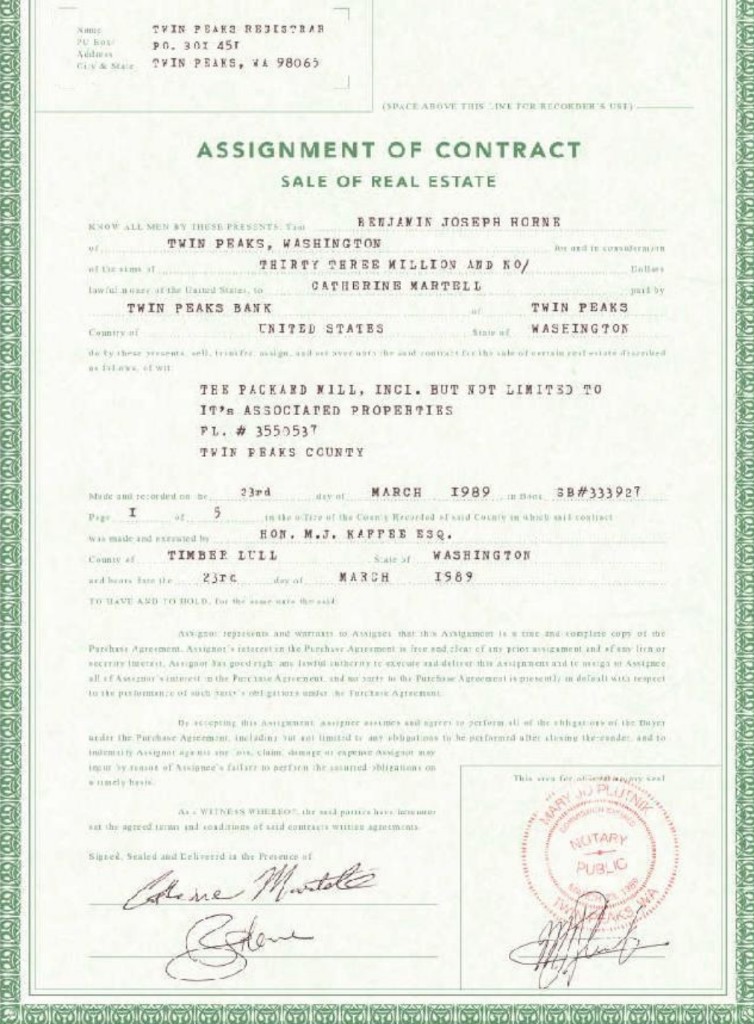 Assignment of Contract Sale of Real Estate — Ben Horne to Catherine Martell, Packard Mill, 23 March 1989