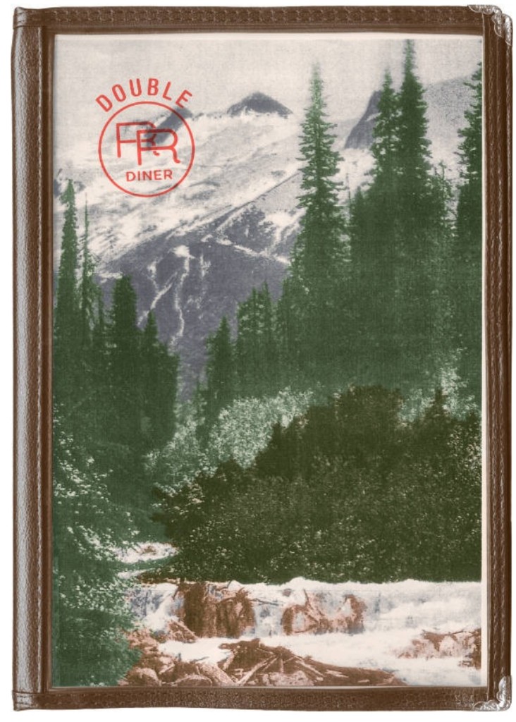 Double R Diner menu cover — mountains, river, interlocking RR logo