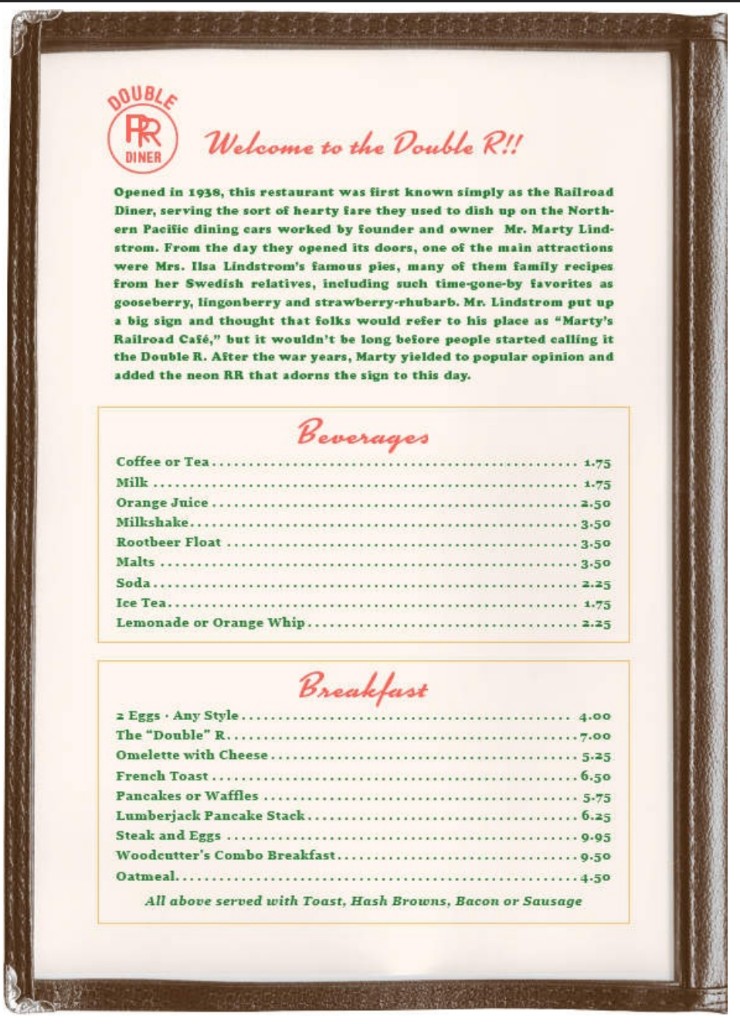 Double R menu — Lindstrom founding story, beverages and breakfast