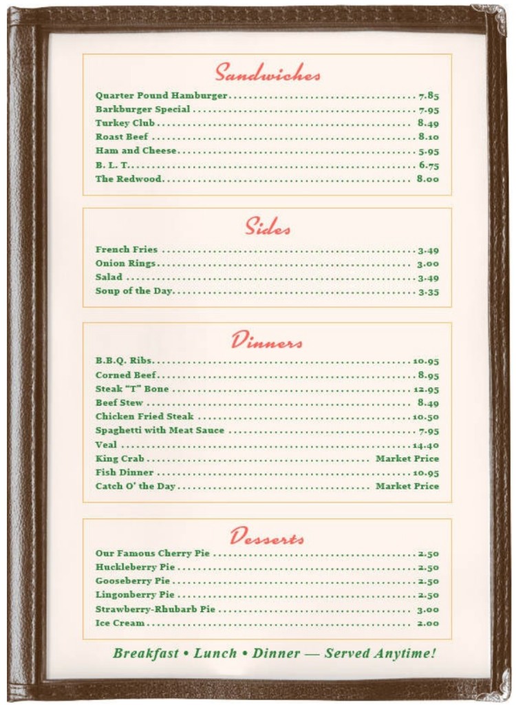 Double R menu — sandwiches, dinners, famous cherry pie