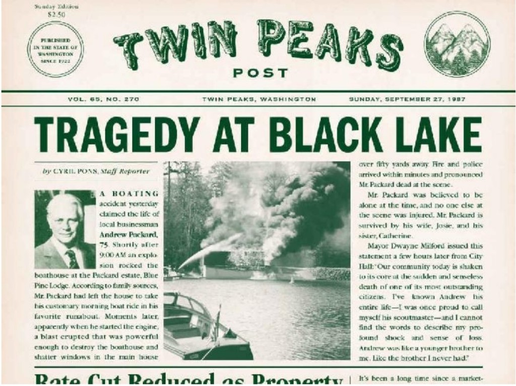 Twin Peaks Post Sunday front page, 27 September 1987 — TRAGEDY AT BLACK LAKE