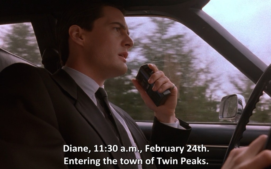 Dale Cooper in the car dictating to Diane — entering Twin Peaks