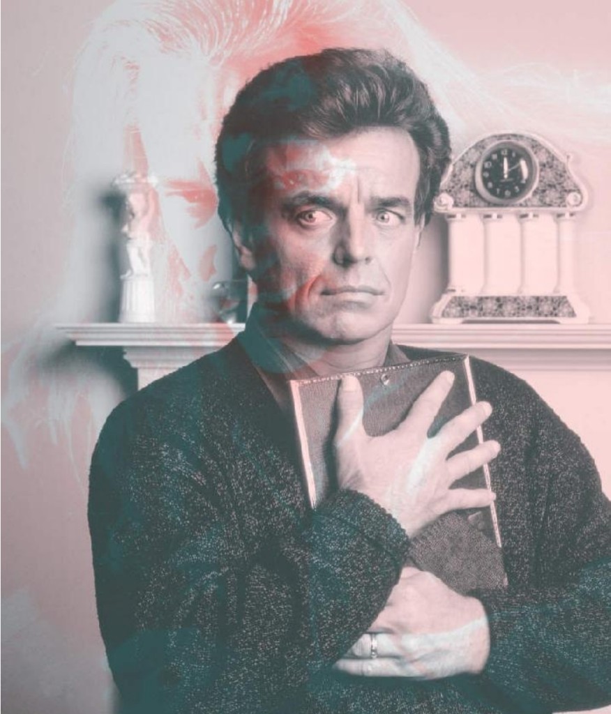 Leland Palmer clutching a framed portrait, spectral double-exposure overlay