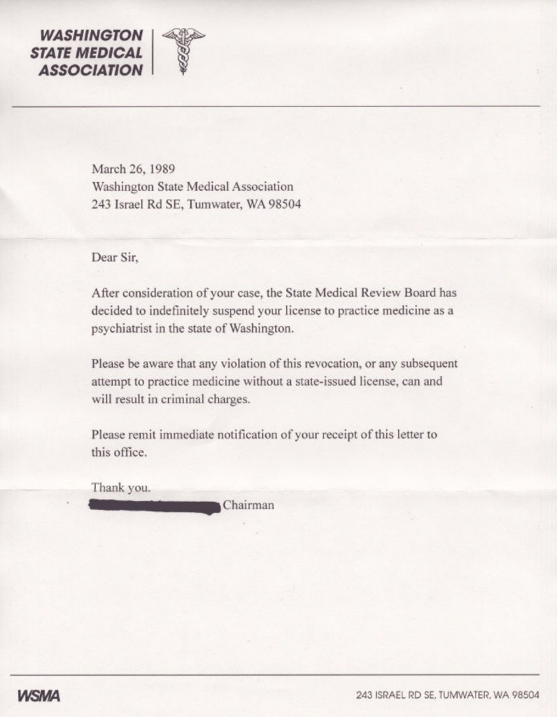 WSMA letter March 26 1989 — indefinite suspension of Jacoby’s psychiatric license; Chairman signature redacted