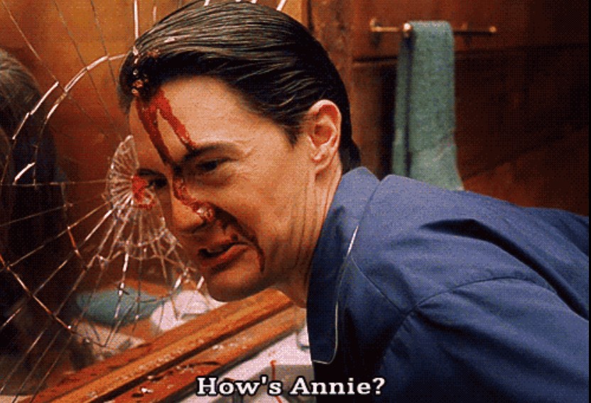 Cooper’s doppelgänger at the bathroom mirror — How’s Annie?