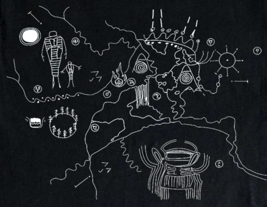 Owl Cave petroglyph map — white line figures on black