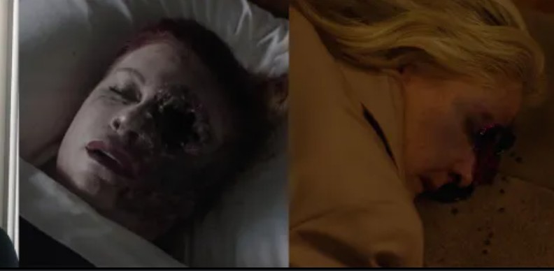 Screen Return — Ruth Davenport’s severed head and Phyllis Hastings; left-eye wounds