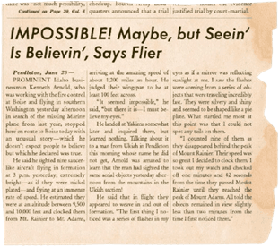 Newspaper clipping: Impossible! Maybe, but Seein’ Is Believin’, Says Flier — Kenneth Arnold Pendleton story, June 25