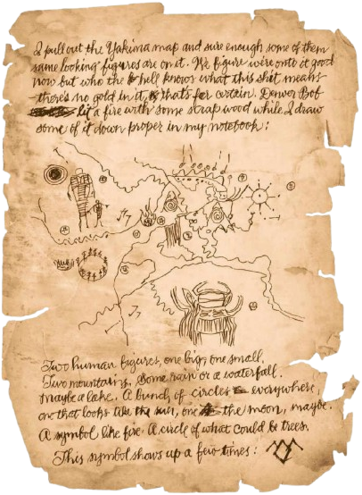 Logger’s notebook scrap: figures copied from a Yakima map — mountains, sun and moon, fire, circle of trees, and the Owl Cave symbol