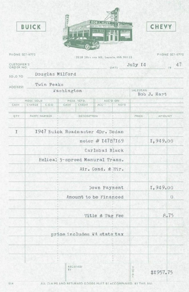 Bob J. Hart dealership bill of sale, 14 July 1947 — Douglas Milford buys a Carlsbad Black Buick Roadmaster in Seattle, paid in cash
