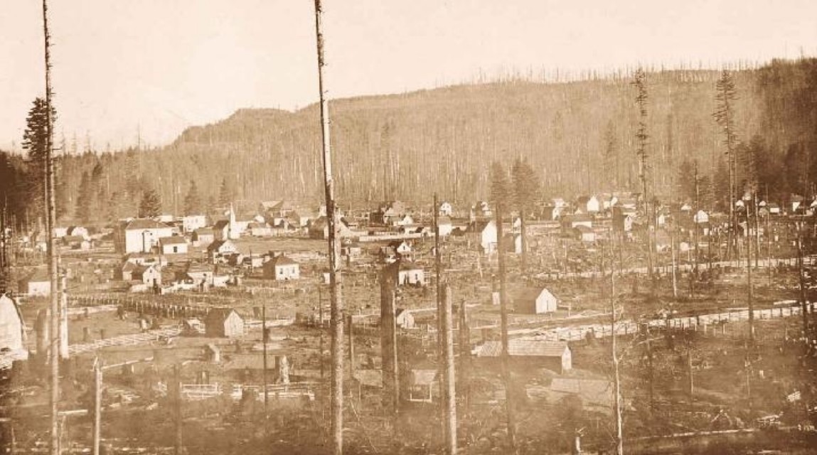Early Twin Peaks settlement after logging and fire — cleared ground, cabins, skeletal forest on the ridge