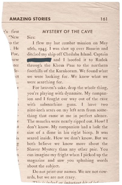 Amazing Stories torn page — Mystery of the Cave letter attributed to Crisman’s Burma/Karakoram cave claim