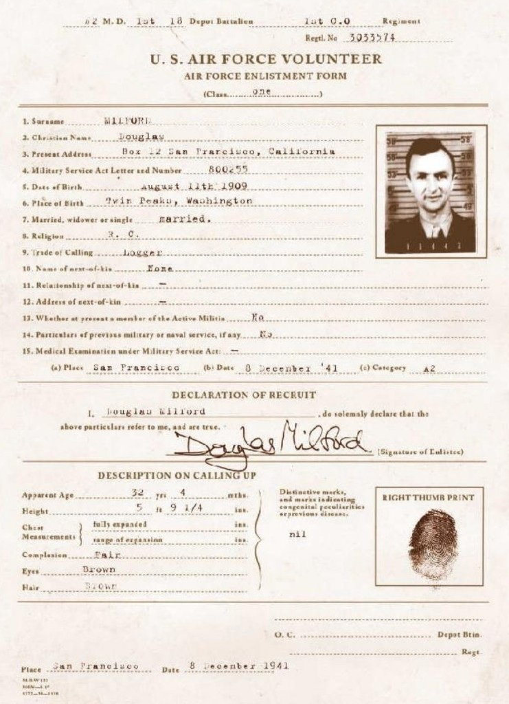 U.S. Air Force volunteer enlistment form for Douglas Milford, San Francisco, 8 December 1941 — with portrait and thumbprint