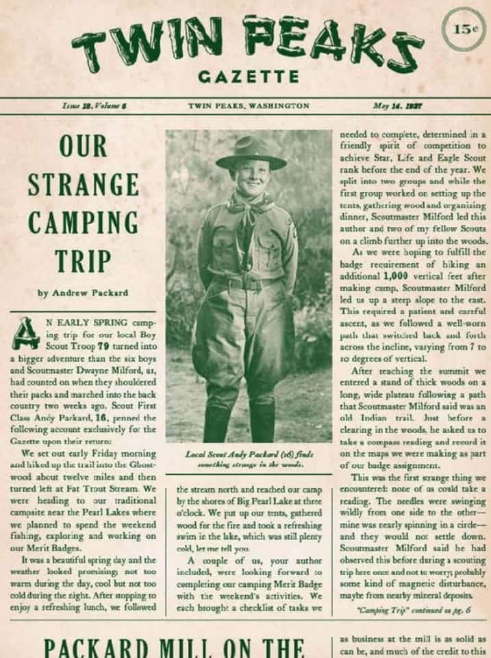 Twin Peaks Gazette front page, 14 May 1927 — Our Strange Camping Trip by Andrew Packard