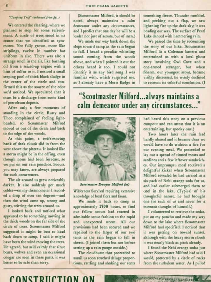 Twin Peaks Gazette page 6 — camping trip continued: sycamore circle, black sludge, Owl Cave ghost story