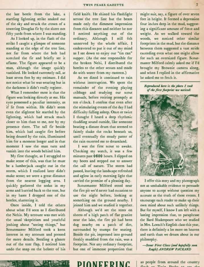 Twin Peaks Gazette page 7 — seven-foot figure in lightning and footprint photograph