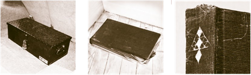Metal lockbox, bound ledger with papers spilling out, and Owl Cave mark stamped on the cover — the opening exhibit from The Secret History of Twin Peaks
