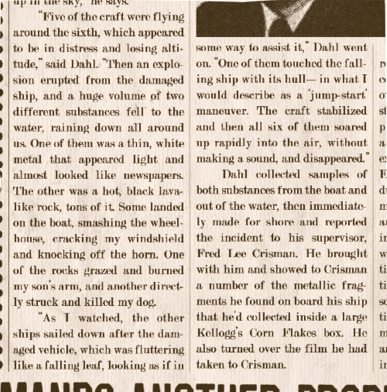 Facsimile page of Harold Dahl’s Maury Island account — six craft, white metal and black slag, dog killed, Corn Flakes box to Crisman